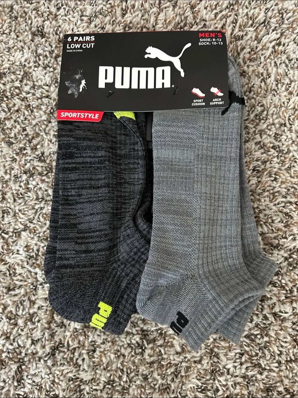 Puma Men’s Low Cut Athletic Socks - Gray, Dark Gray & Neon Yellow (6 Pairs)